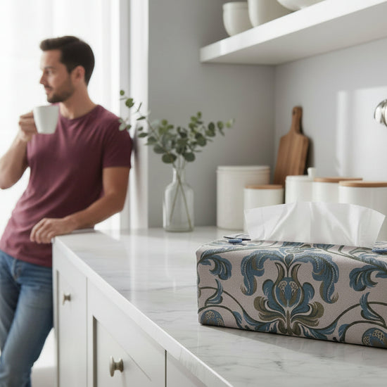 Handmade tissue box covers with baroque style floral design on taupe background displayed in a bedroom and hallway