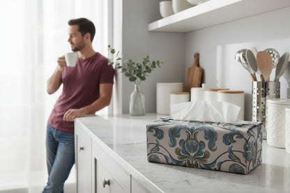 Handmade tissue box covers with baroque style floral design on taupe background displayed in a bedroom and hallway