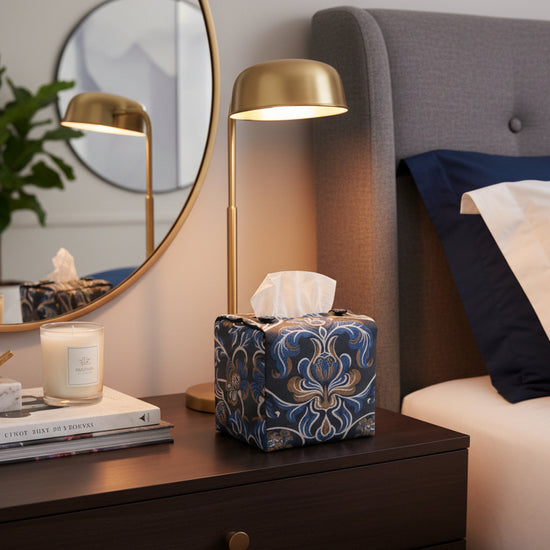 Handmade tissue box covers with baroque style floral design on navy background displayed in a bedroom and hallway