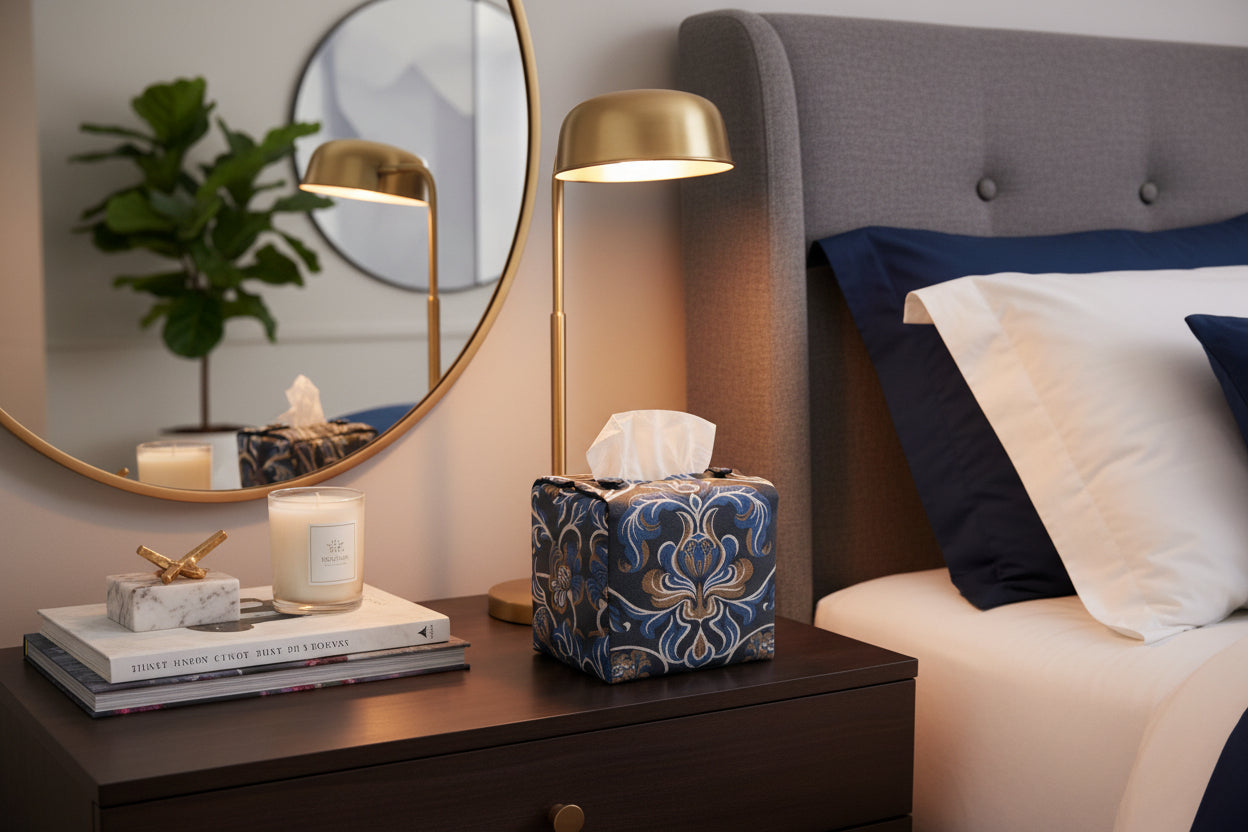 Handmade tissue box covers with baroque style floral design on navy background displayed in a bedroom and hallway