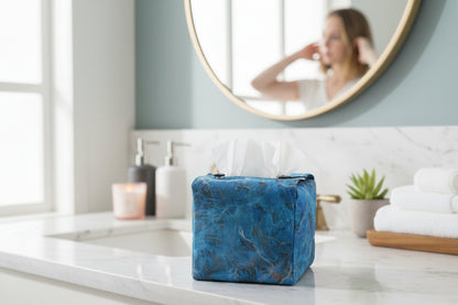 Handmade fabric tissue box covers with dark blue abstract design displayed in a hallway and living room