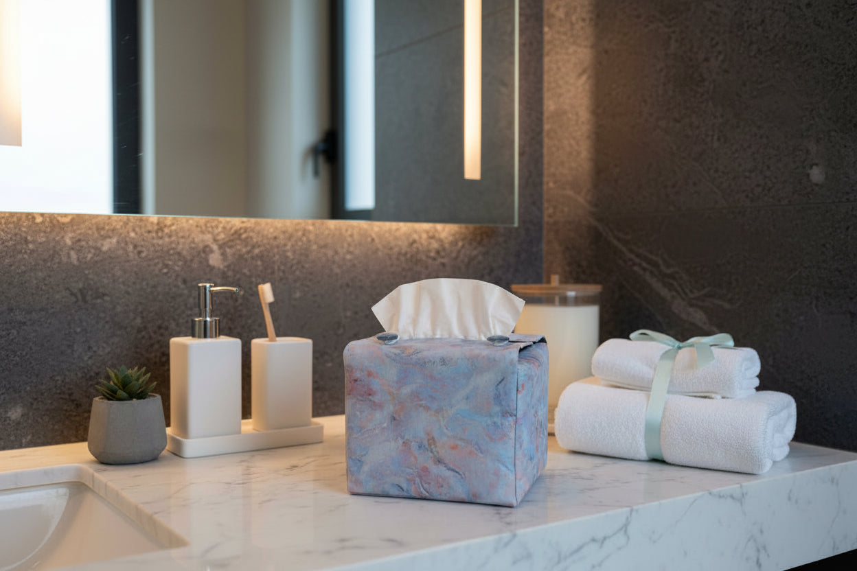 Handmade fabric tissue box covers with pastel abstract design displayed in a hallway and living room