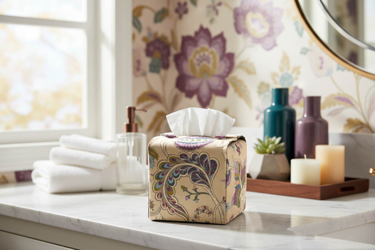 Handmade tissue box cover with floral design displayed in a bathroom