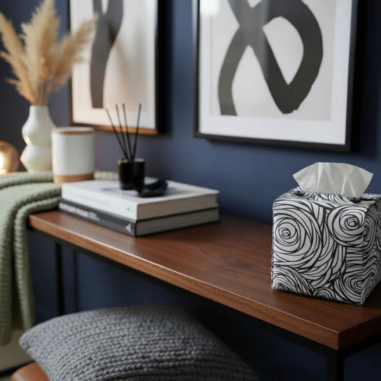 Handmade tissue box covers with black and white stylised roses design displayed in a hallway and living room