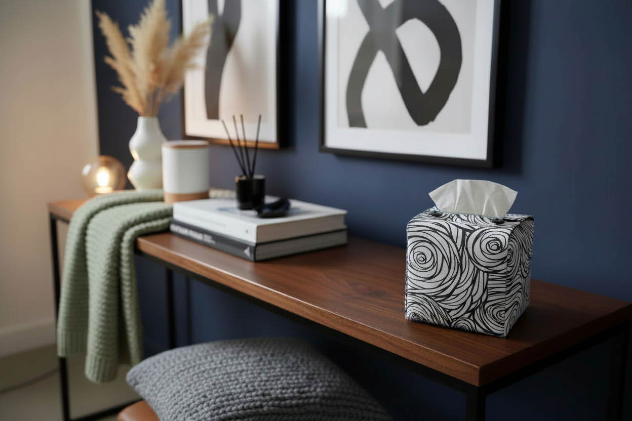 Handmade tissue box covers with black and white stylised roses design displayed in a hallway and living room