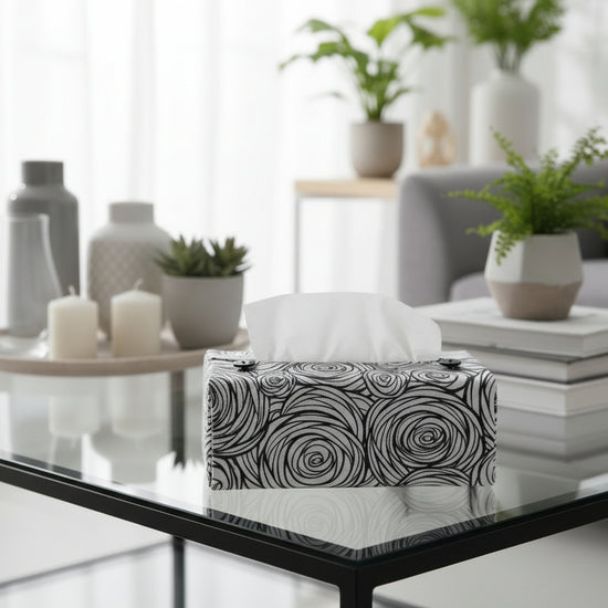 Handmade tissue box covers with black and white stylised roses design displayed in a hallway and living room