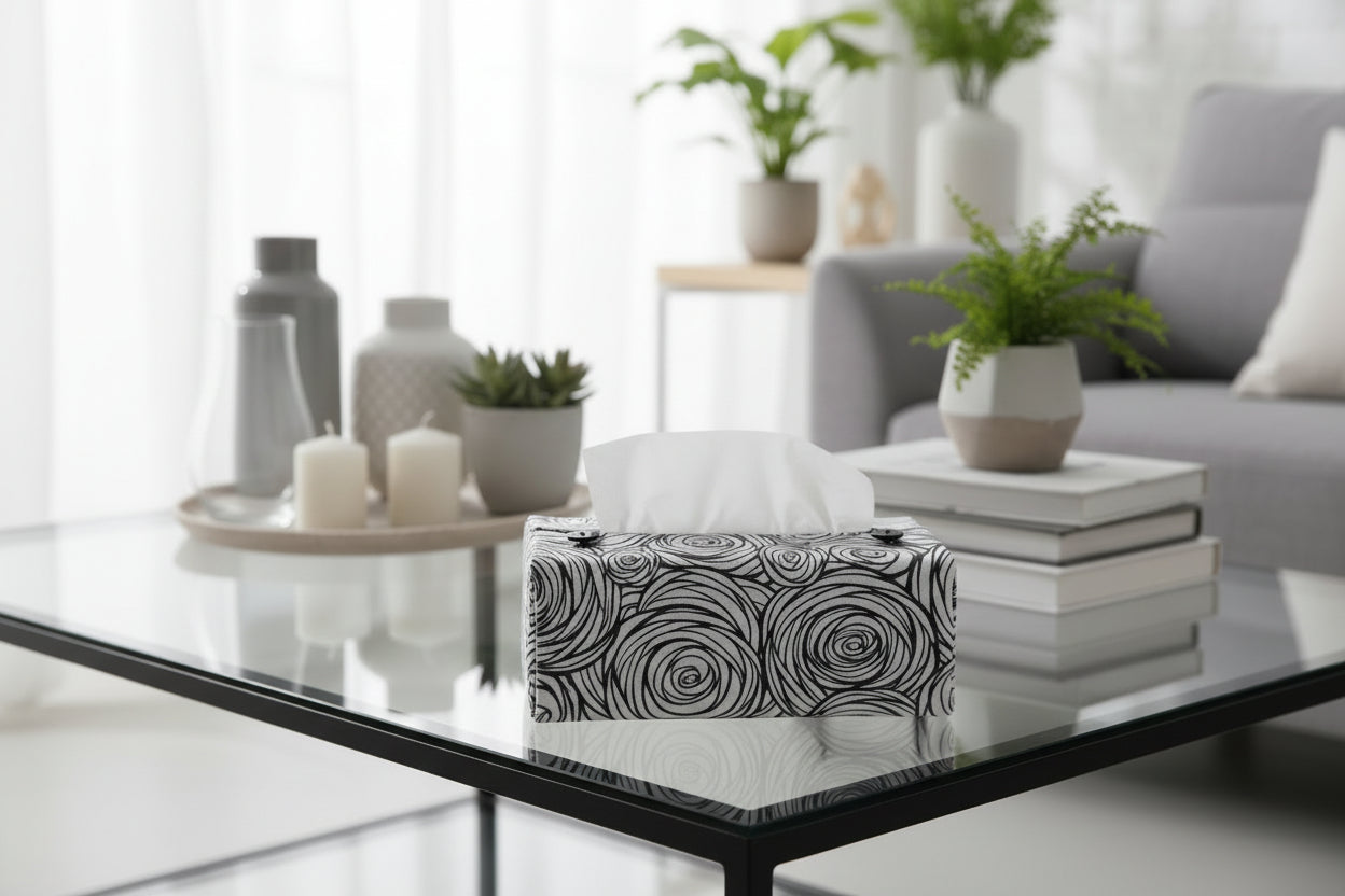 Handmade tissue box covers with black and white stylised roses design displayed in a hallway and living room