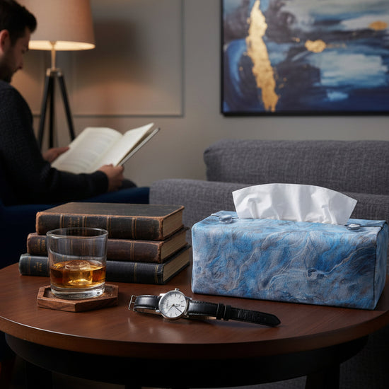 Handmade fabric tissue box covers with light blue abstract design displayed in a hallway and living room