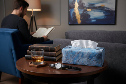 Handmade fabric tissue box covers with light blue abstract design displayed in a hallway and living room