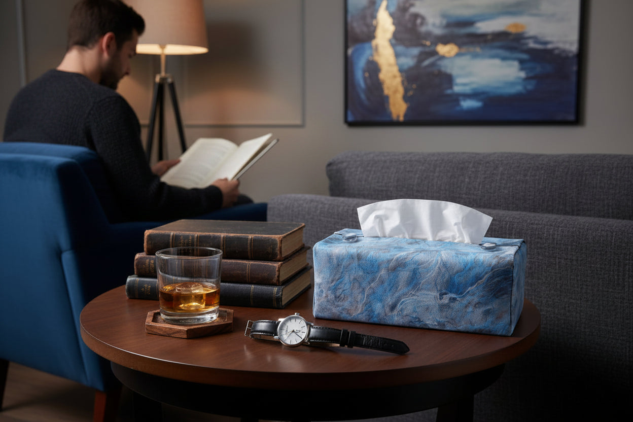 Handmade fabric tissue box covers with light blue abstract design displayed in a hallway and living room