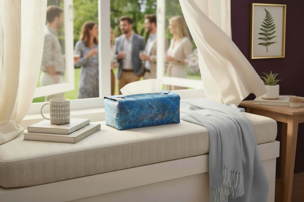 Handmade fabric tissue box covers with dark blue abstract design displayed in a hallway and living room