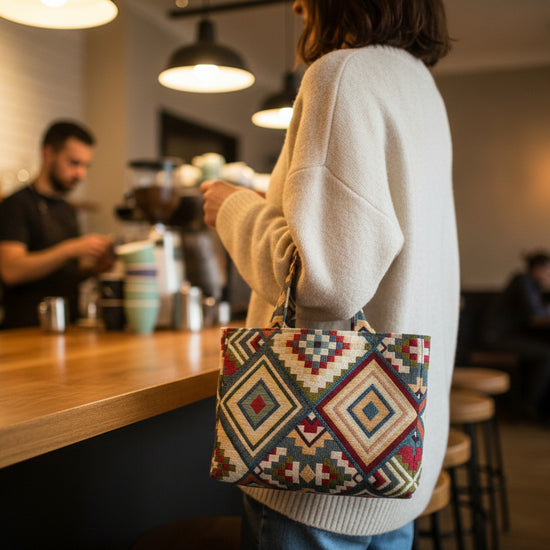 Handmade mini tote bag with colourful geometric design