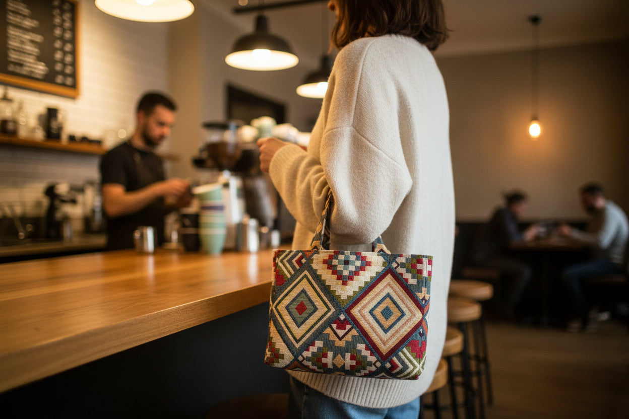 Handmade mini tote bag with colourful geometric design