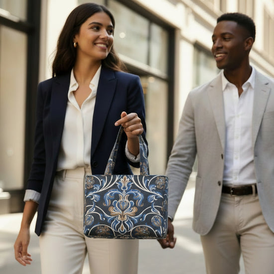 Handmade cotton mini tote bag with blue floral design