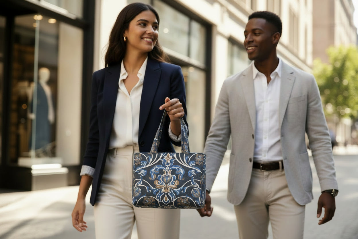 Handmade cotton mini tote bag with blue floral design