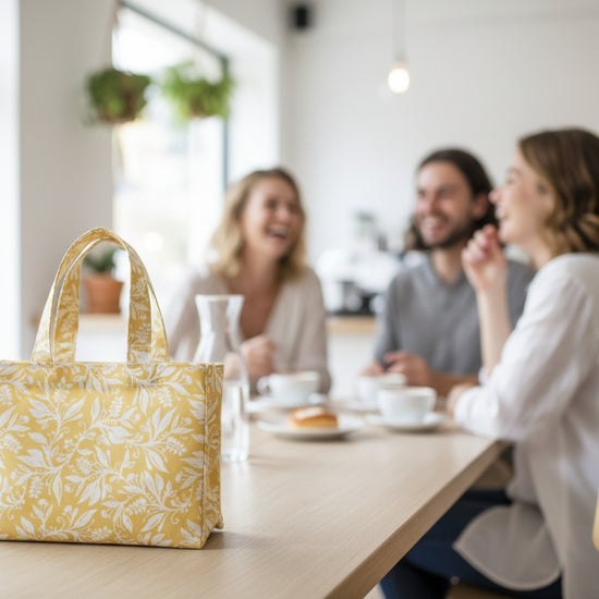 Handmade cotton mini tote bag with floral design on yellow background