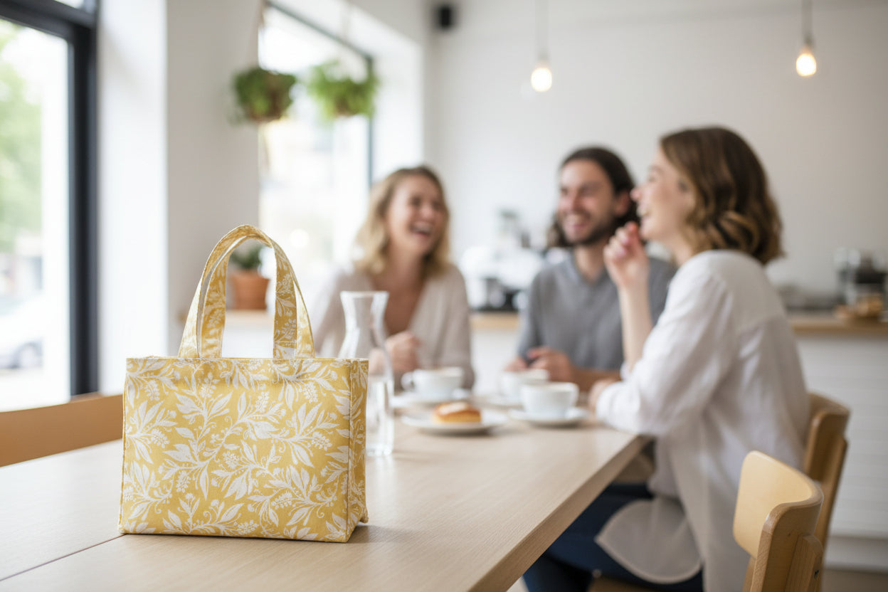 Handmade cotton mini tote bag with floral design on yellow background