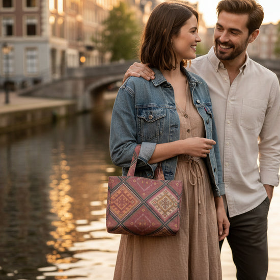 Handmade cotton mini tote bag with geometric design