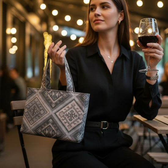 Handmade mini tote bag with grey geometric design