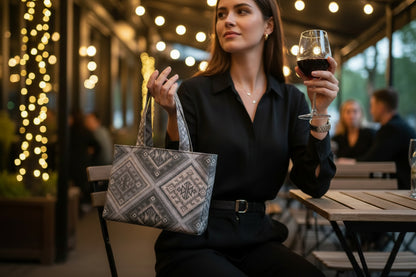 Handmade mini tote bag with grey geometric design