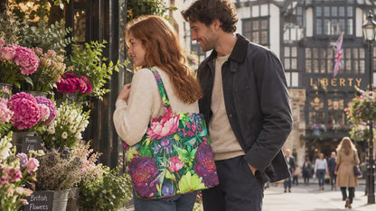 Handmade large cotton tote bag with colourful blossoms and dragonflies design