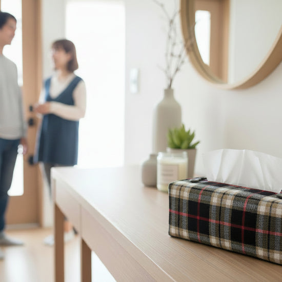 Tissue box cover in brushed cotton fabric with a black, tan, and red tartan design displayed in a bedroom and hallway
