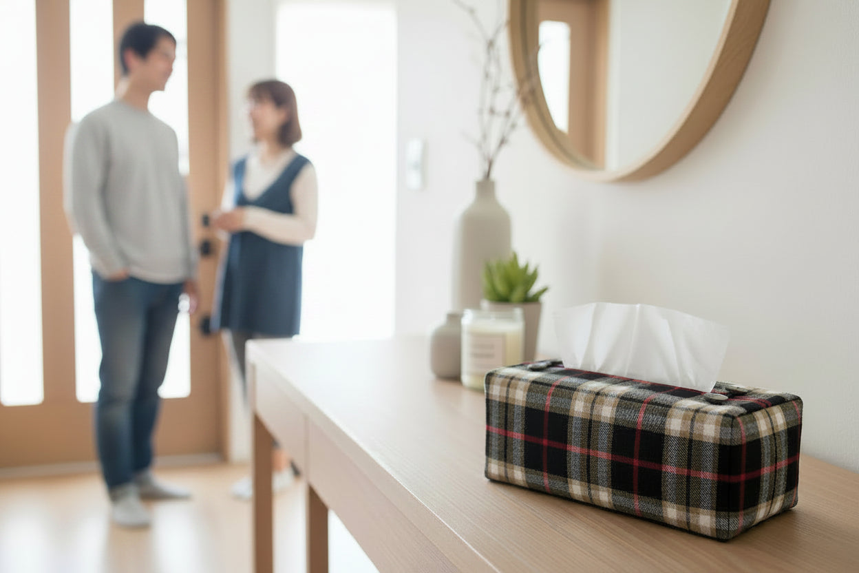 Tissue box cover in brushed cotton fabric with a black, tan, and red tartan design displayed in a bedroom and hallway