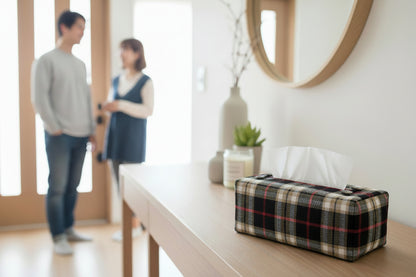 Tissue box cover in brushed cotton fabric with a black, tan, and red tartan design displayed in a bedroom and hallway