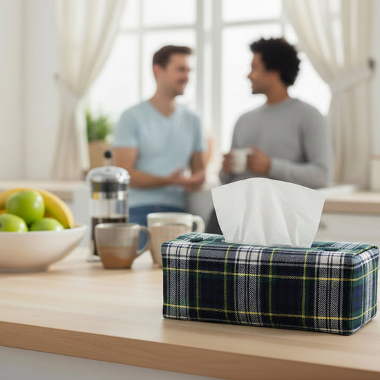 Brushed cotton rectangular tissue box cover with a blue, white, and green tartan design displayed in a kitchen