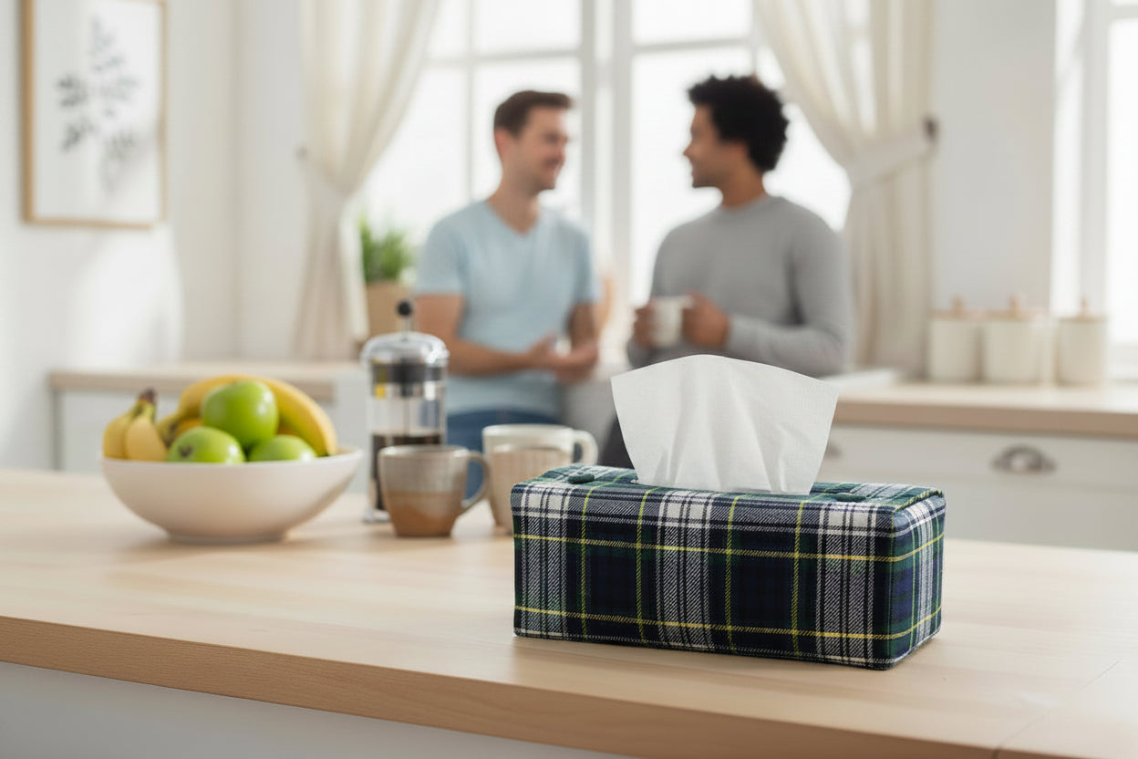 Brushed cotton rectangular tissue box cover with a blue, white, and green tartan design displayed in a kitchen