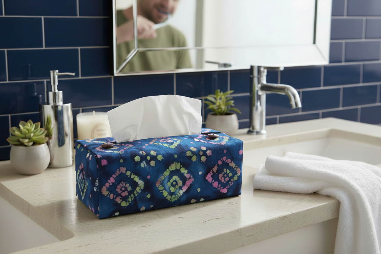 Rectangular tissue box cover with magenta and green diamonds on a blue background displayed in a bathroom