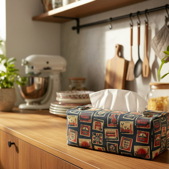 Tissue box cover with British stamps on dark blue design displayed in a bedroom and kitchen