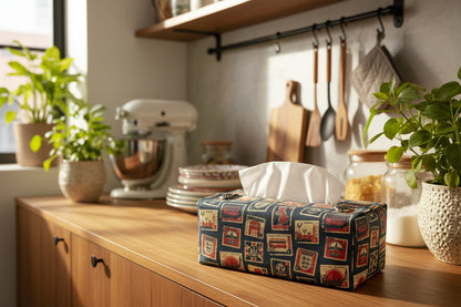 Tissue box cover with British stamps on dark blue design displayed in a bedroom and kitchen