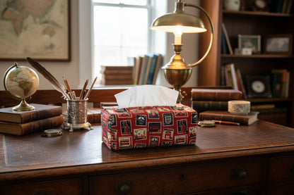 Tissue box cover with British stamps on red design displayed in a bedroom and kitchen