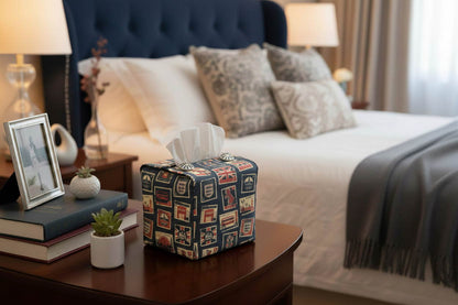 Tissue box cover with British stamps on dark blue design displayed in a bedroom and kitchen