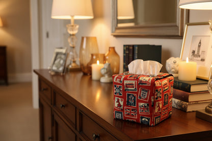Tissue box cover with British stamps on red design displayed in a bedroom and kitchen