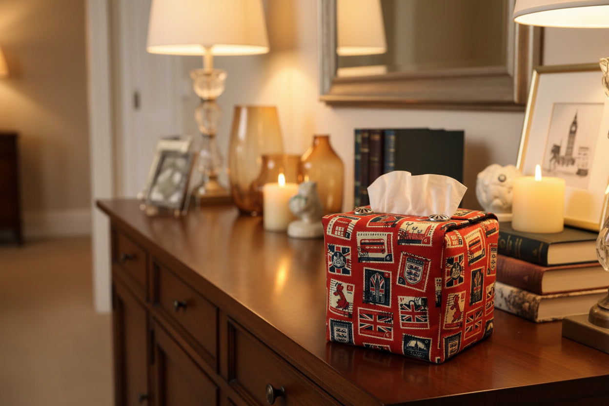 Tissue box cover with British stamps on red design displayed in a bedroom and kitchen