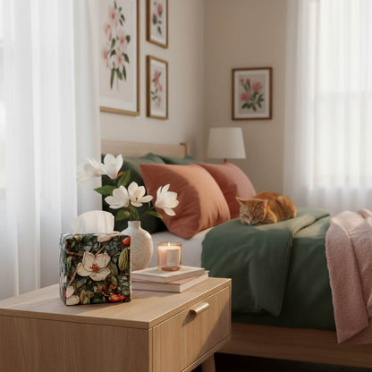 Magnolia Garden design tissue box cover displayed in a bedroom and living room