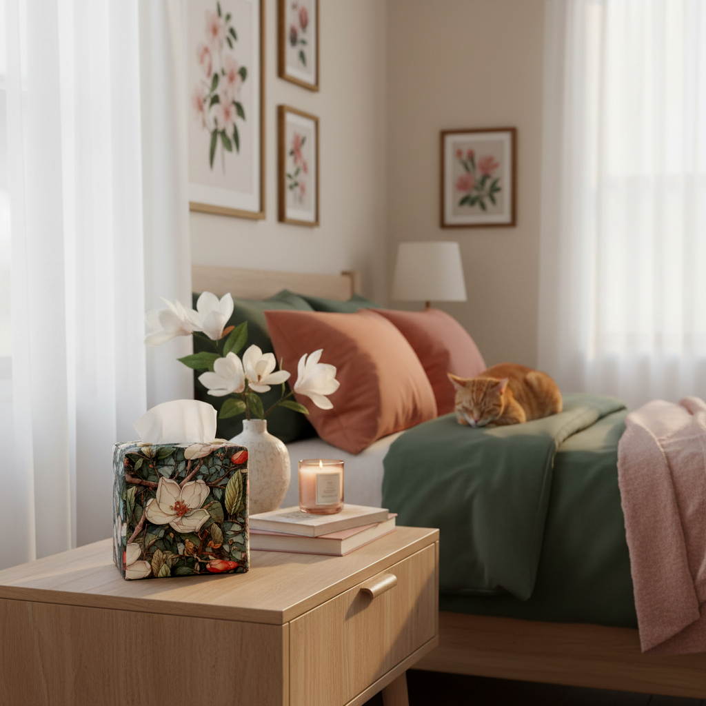 Magnolia Garden design tissue box cover displayed in a bedroom and living room