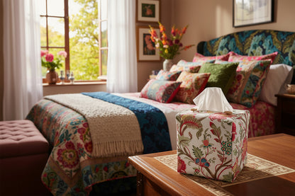 Cube Fabric Tissue Box Cover - Multi Colour Botanical Design on Linen