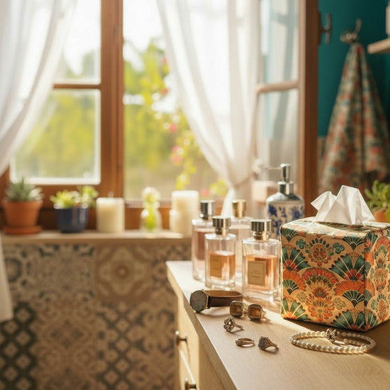 Tissue box cover with vintage folding fan motif design displayed in a bathroom and living room