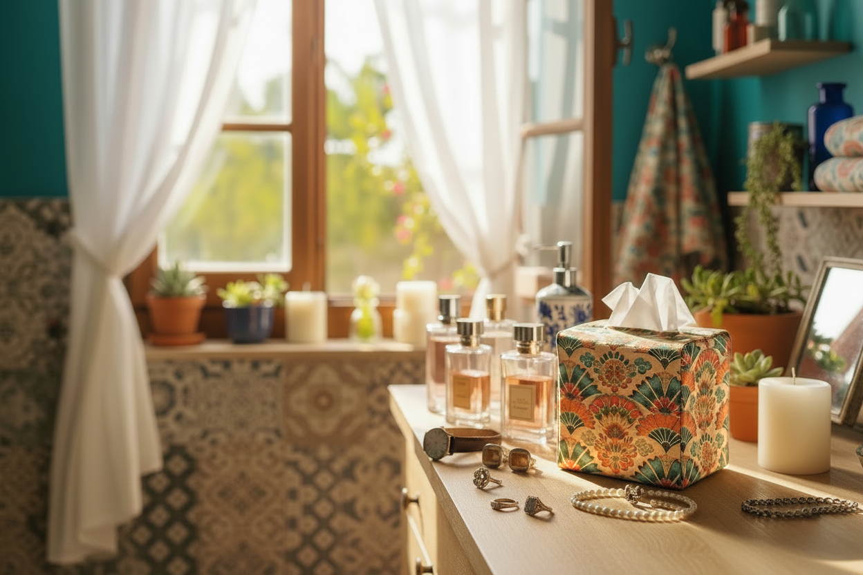 Tissue box cover with vintage folding fan motif design displayed in a bathroom and living room