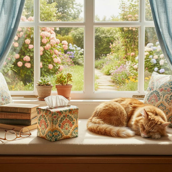 Tissue box cover with colourful floral design displayed on a window bench and kitchen dining table