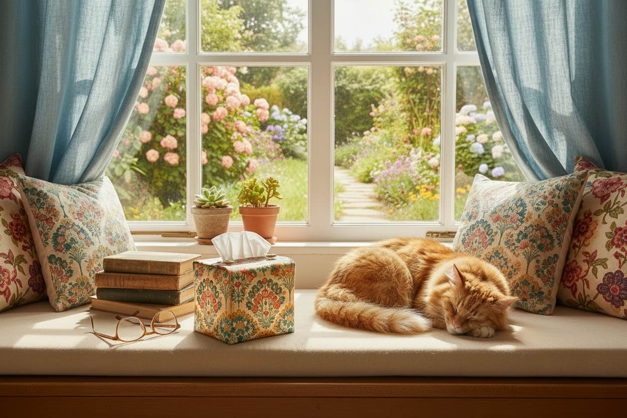 Tissue box cover with colourful floral design displayed on a window bench and kitchen dining table