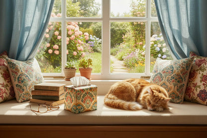 Tissue box cover with colourful floral design displayed on a window bench and kitchen dining table