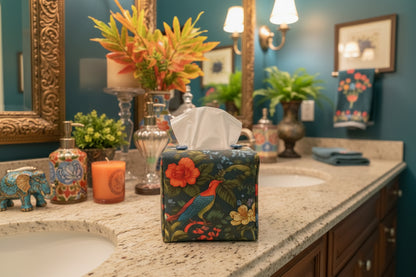 Tissue box cover with colourful birds and floral design displayed in a bathroom and living room