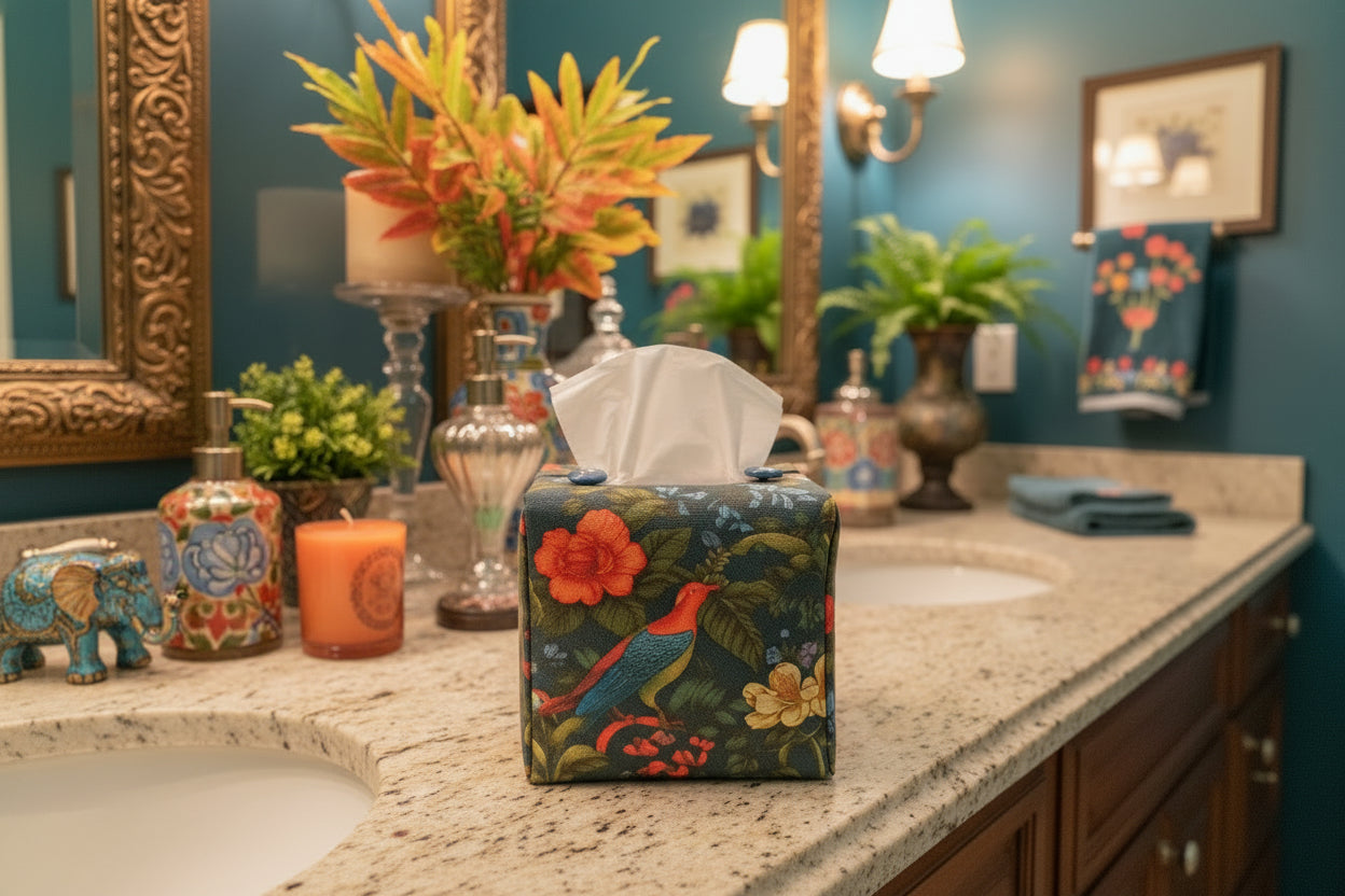 Tissue box cover with colourful birds and floral design displayed in a bathroom and living room