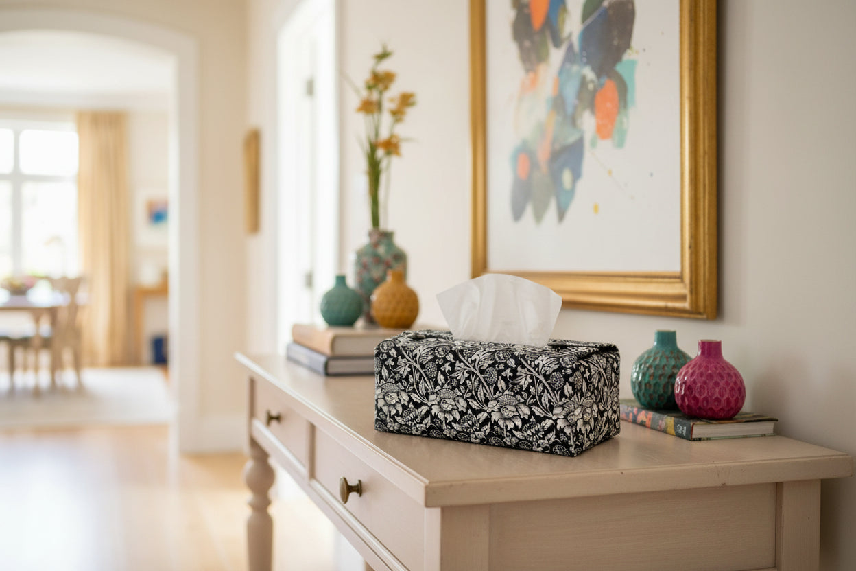 Tissue box cover with black and white floral design displayed in a bedroom and hallway