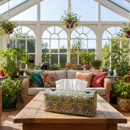 Tissue box cover with colourful floral design displayed in a kitchen and conservatory