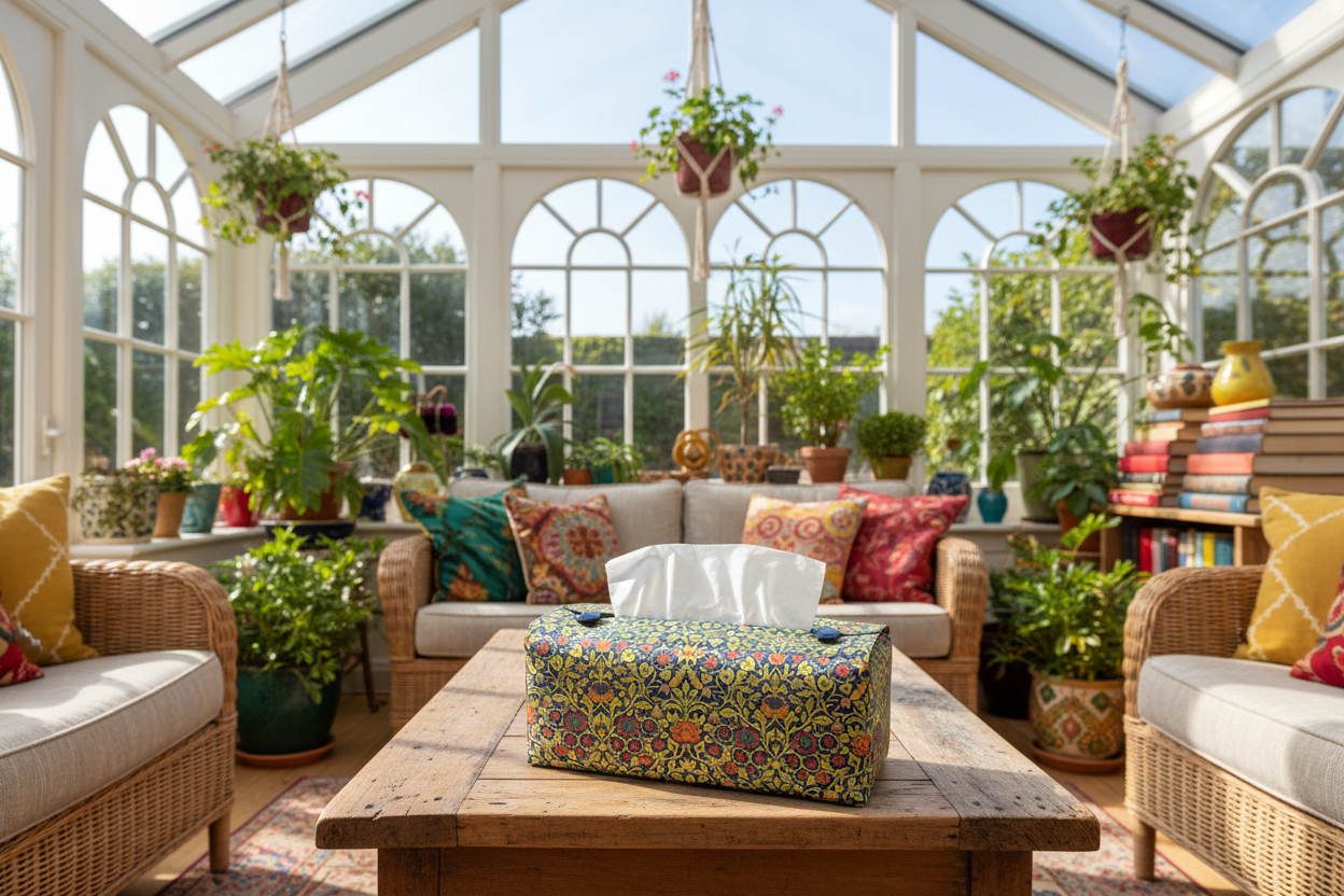 Tissue box cover with colourful floral design displayed in a kitchen and conservatory